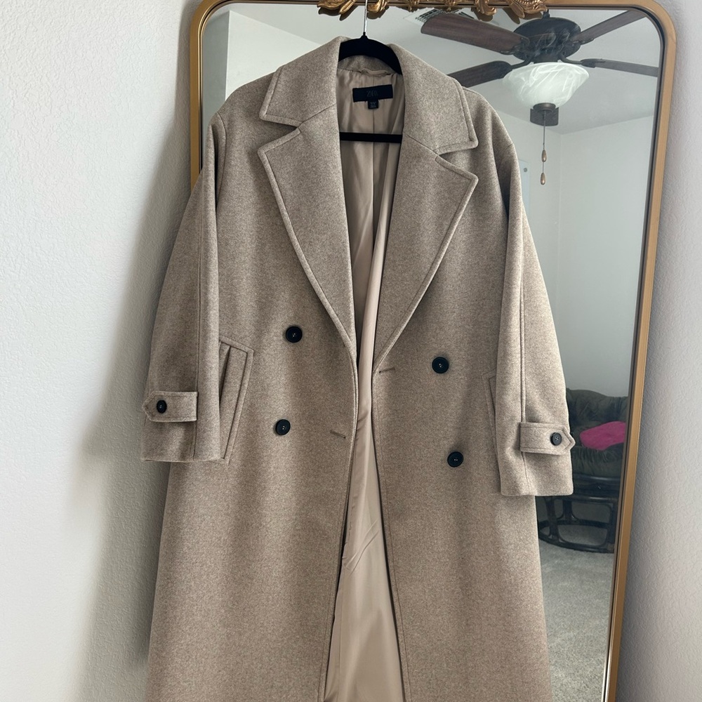 Zara Double-Breasted Pea Coat in Taupe